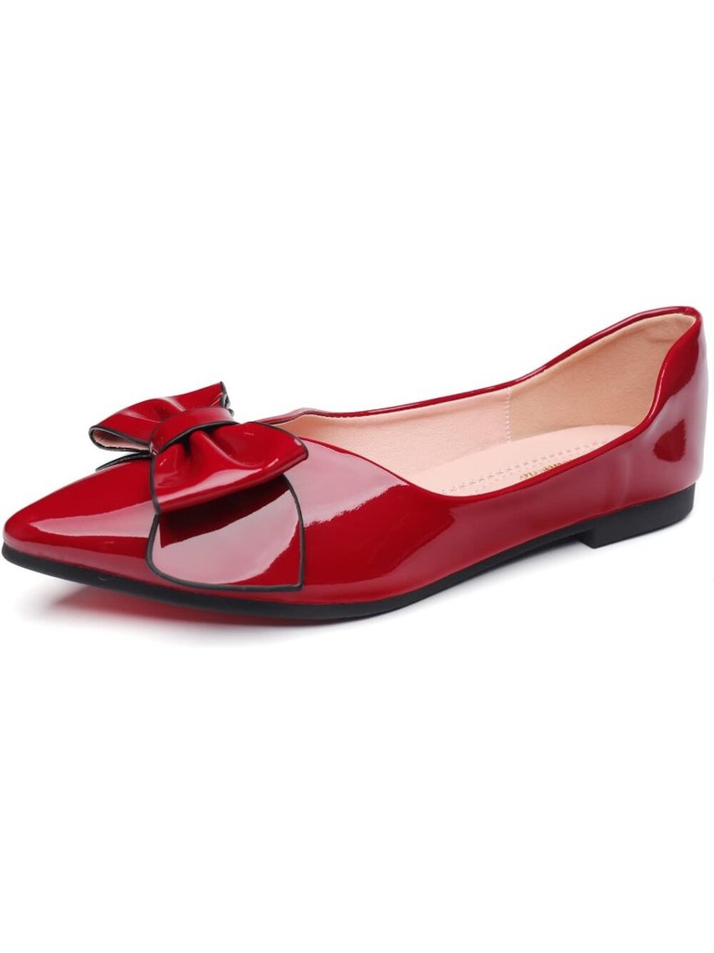 Women's Red Leather Comfortable Bow Pointed Toe Slip On Ballet Flats Party Shoes